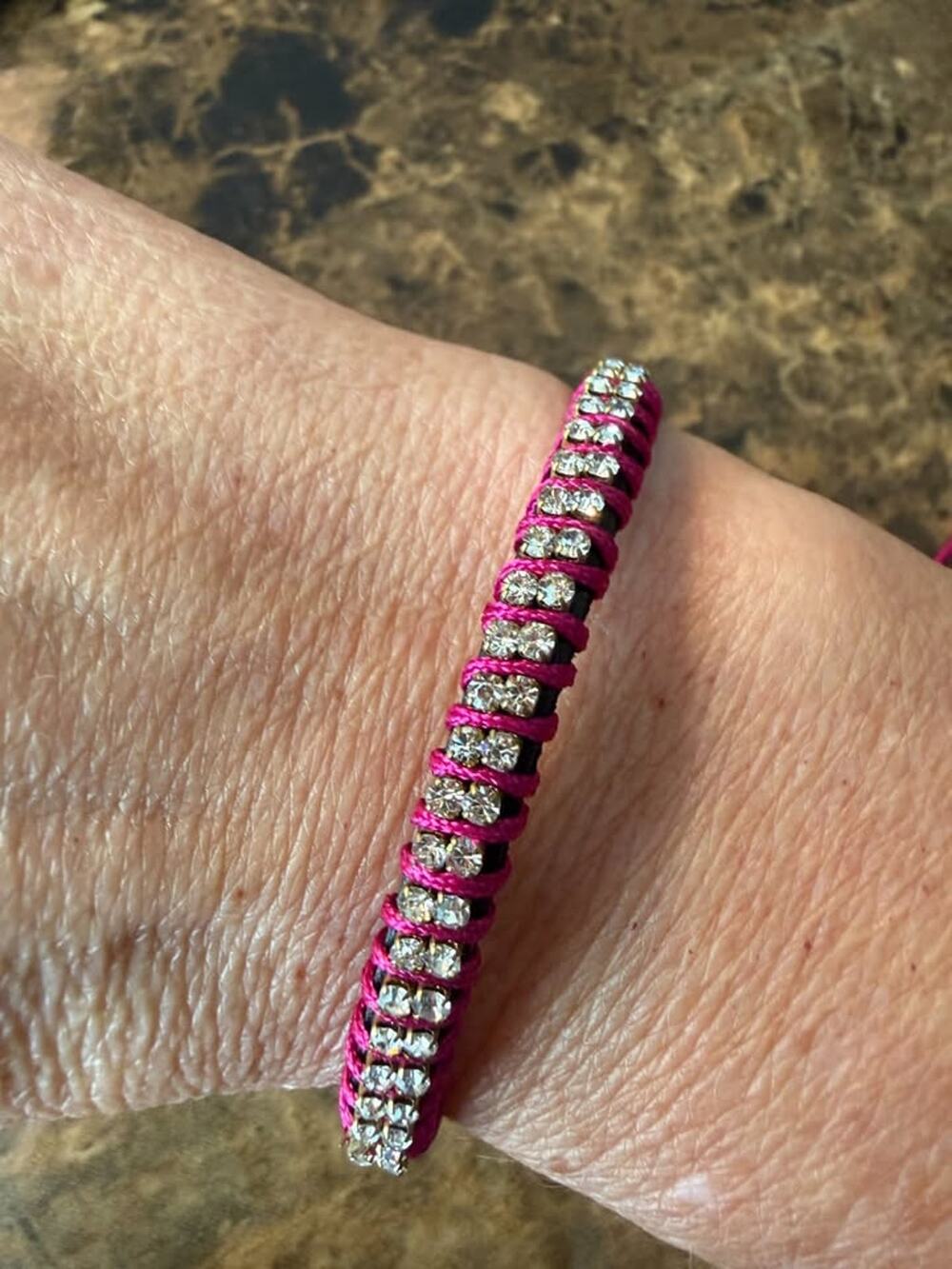 Adjustable Rhinestone Bracelet-Fuchsia Pink Cord w Clear Crystal Accent  (MWL38)